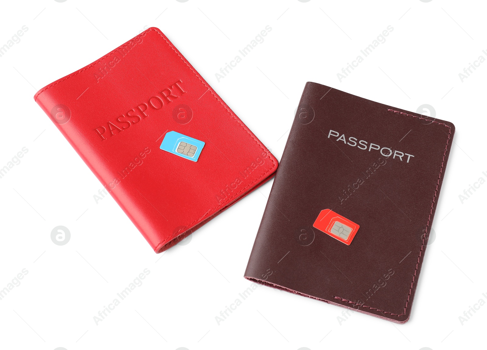 Photo of Passports and SIM cards isolated on white, top view