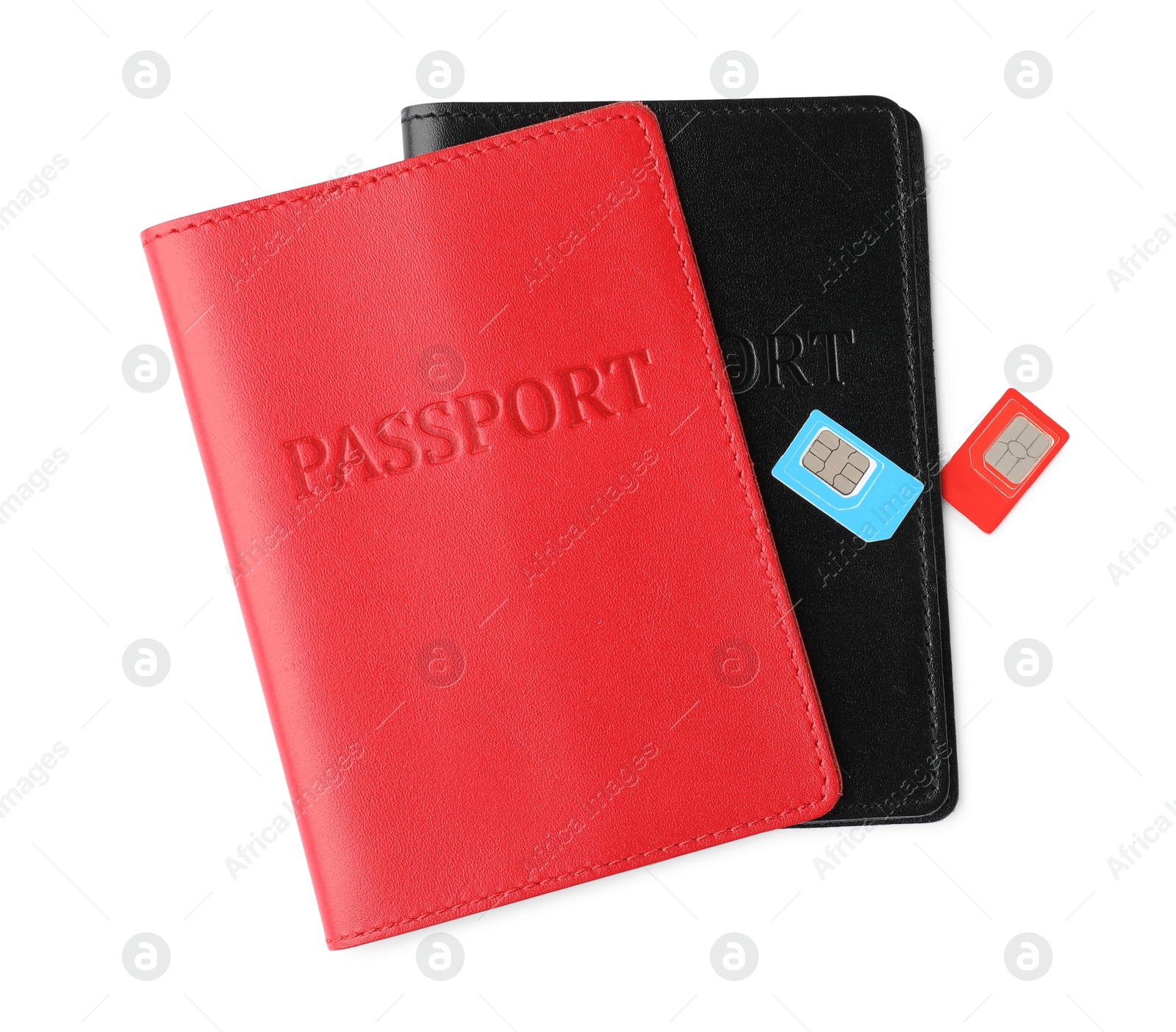 Photo of Passports and SIM cards isolated on white, top view