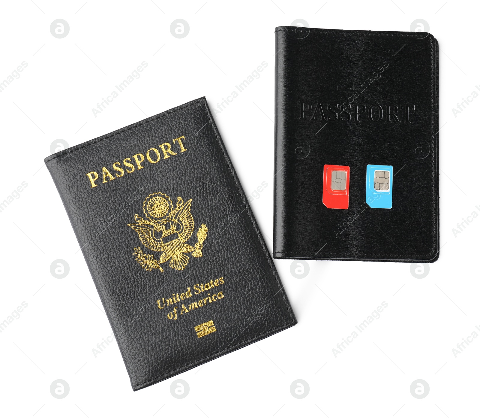 Photo of Passports and SIM cards isolated on white, top view