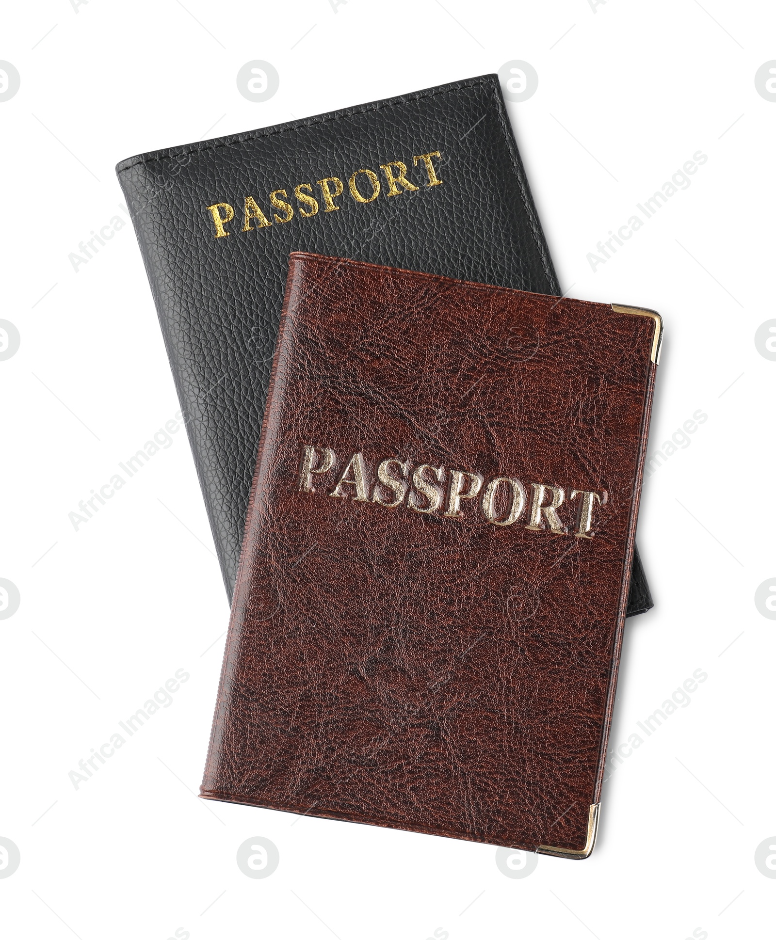 Photo of Two passports isolated on white, top view