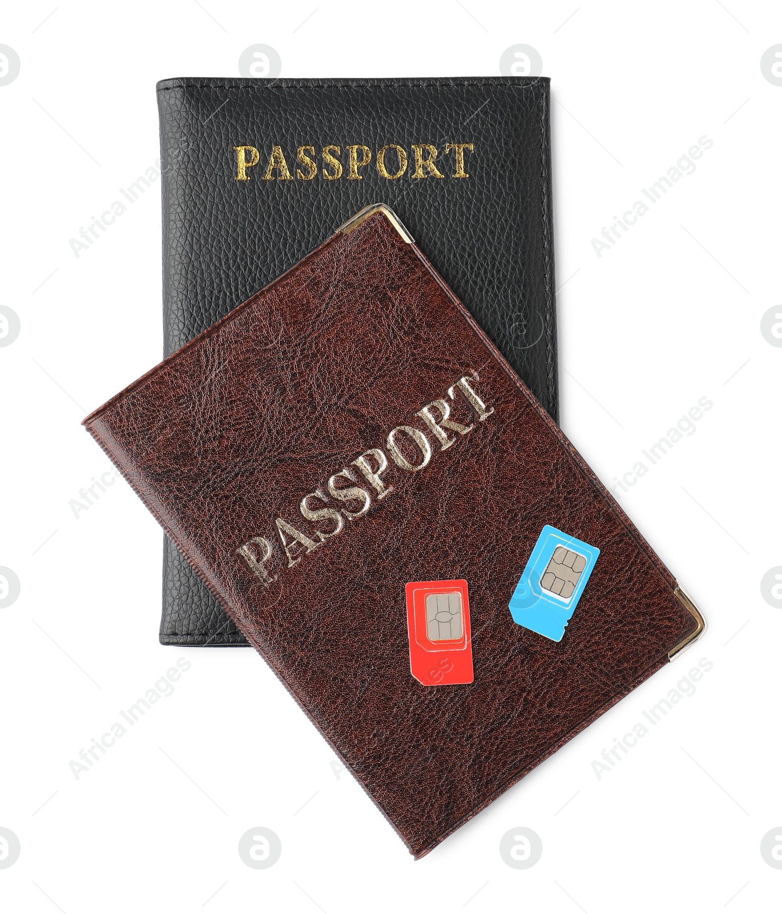 Photo of Passports and SIM cards isolated on white, top view