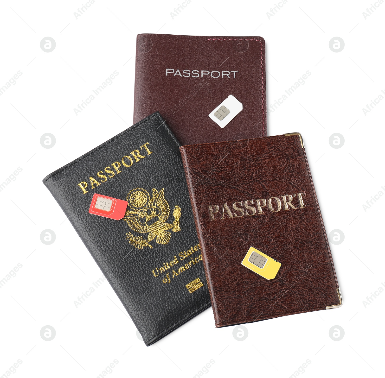 Photo of Passports and SIM cards isolated on white, top view