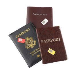 Photo of Passports and SIM cards isolated on white, top view