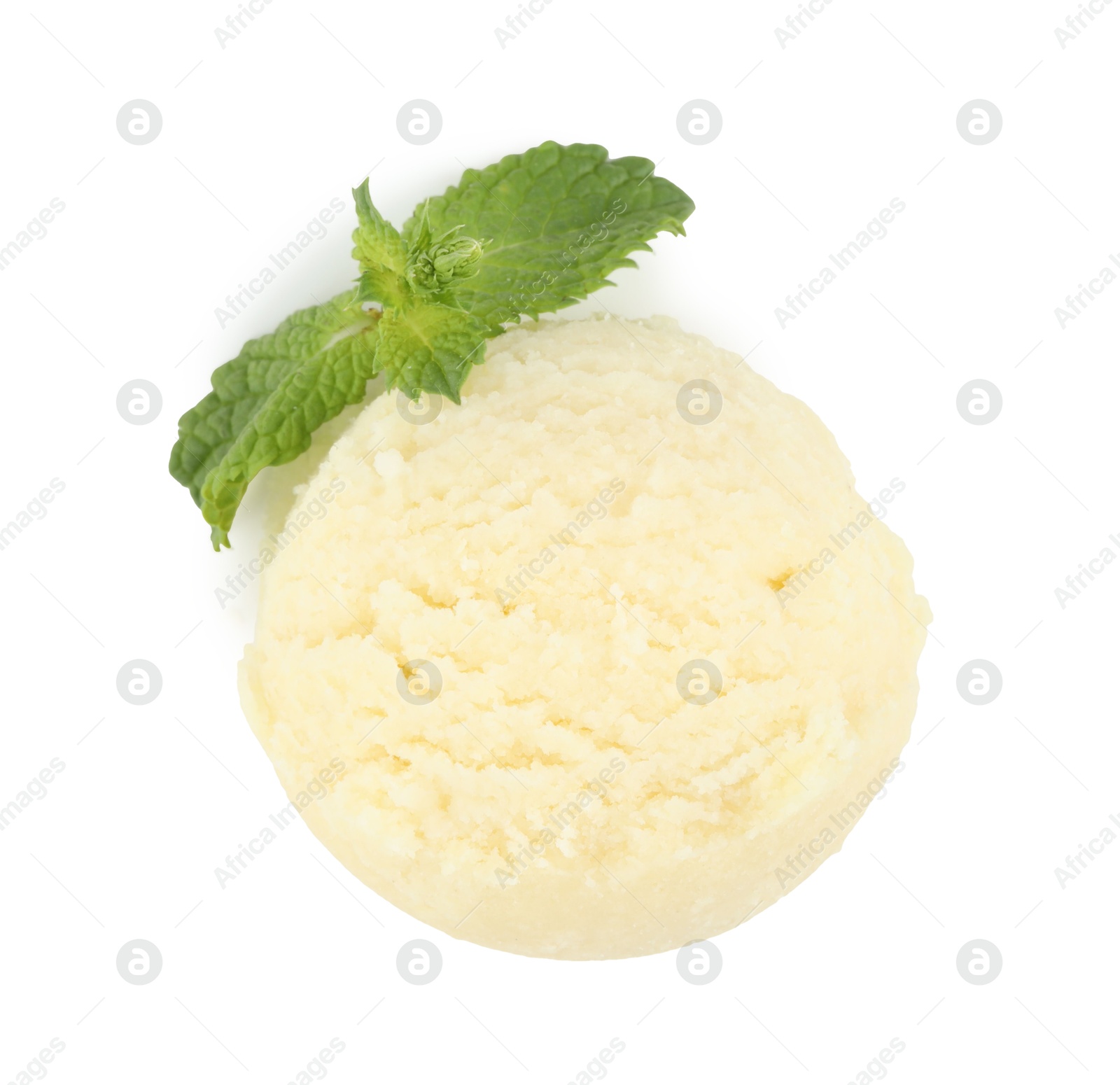 Photo of Scoop of melon sorbet and mint isolated on white, top view