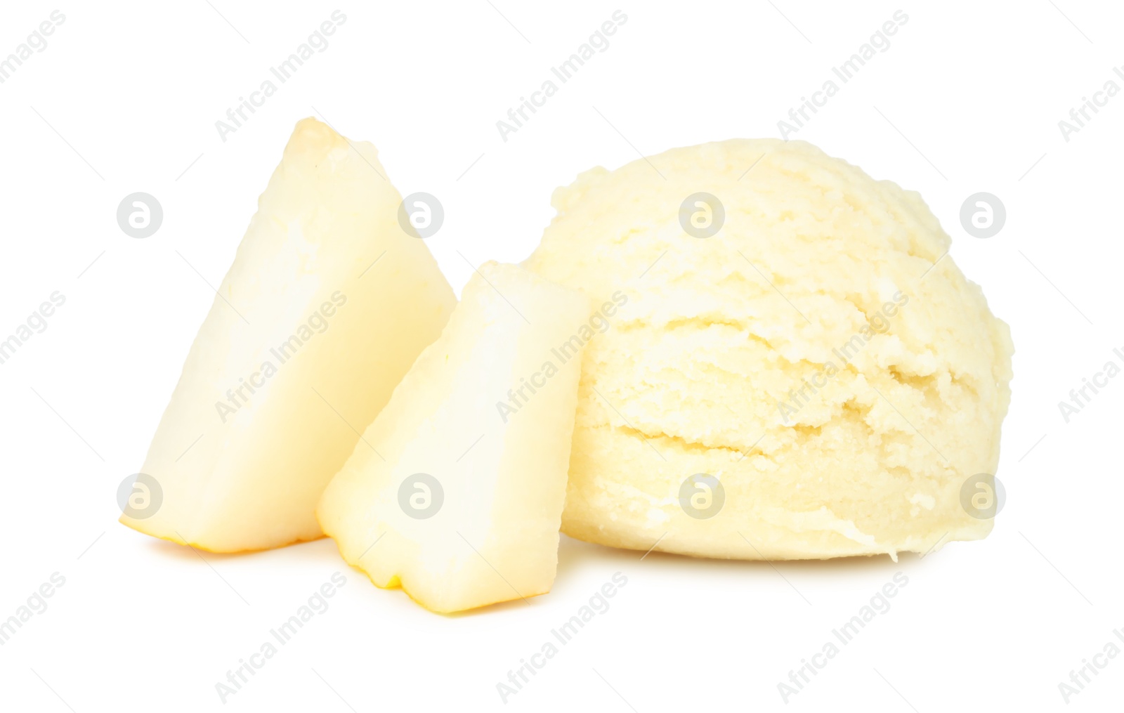 Photo of Tasty melon sorbet and pieces of fresh fruit isolated on white