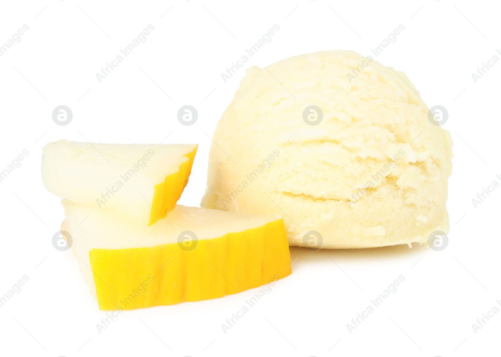 Photo of Tasty melon sorbet and pieces of fresh fruit isolated on white