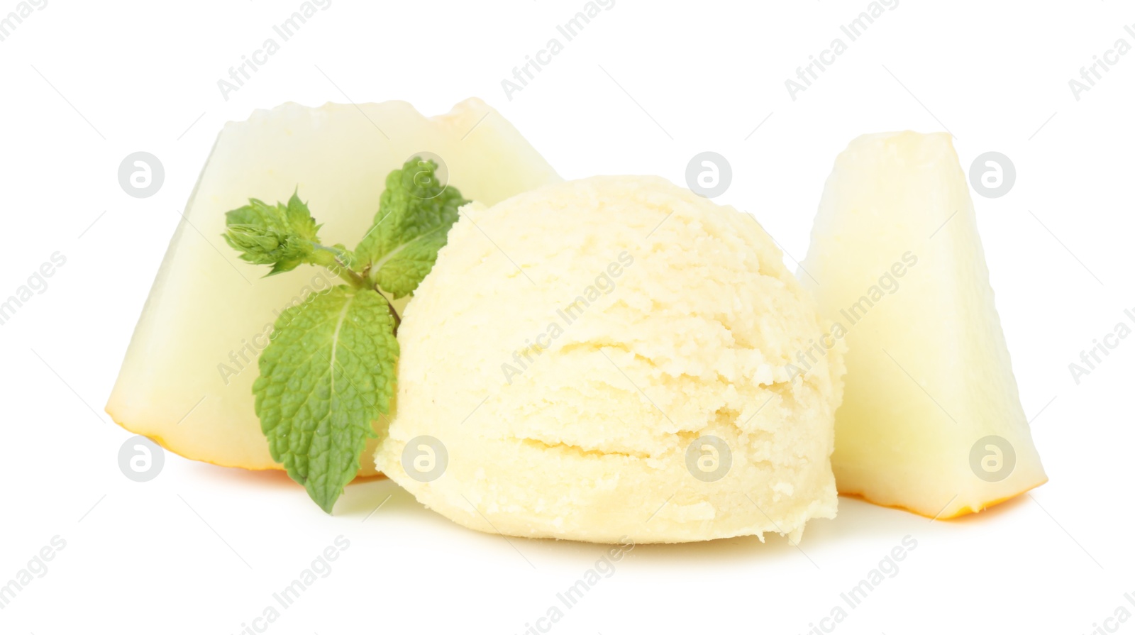 Photo of Tasty melon sorbet and pieces of fresh fruit isolated on white