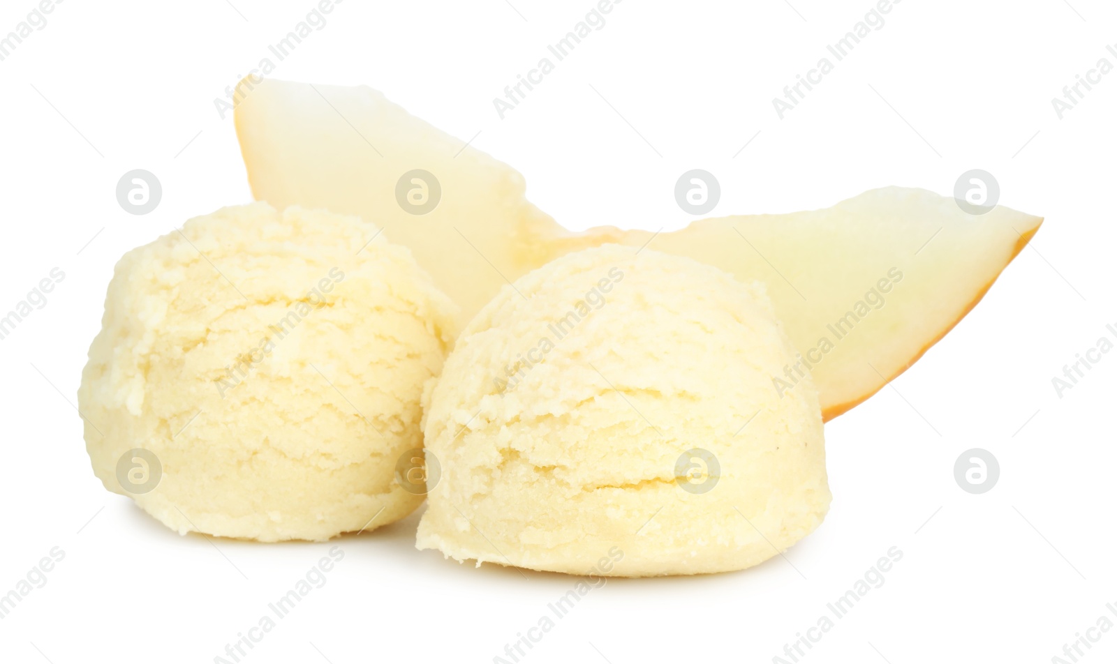 Photo of Scoops of melon sorbet and fresh fruit isolated on white