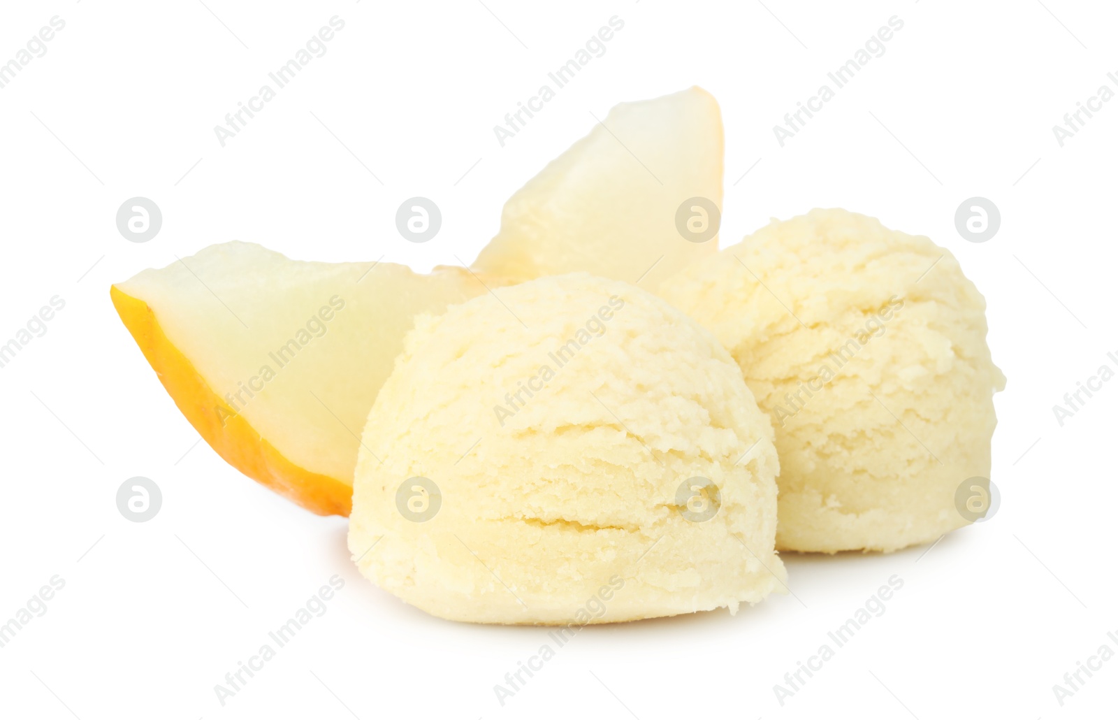 Photo of Scoops of melon sorbet and fresh fruit isolated on white