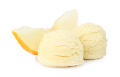 Photo of Scoops of melon sorbet and fresh fruit isolated on white