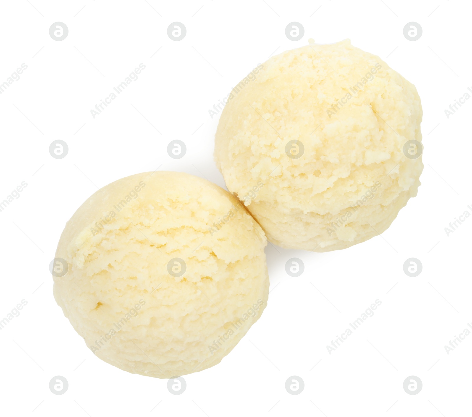 Photo of Scoops of melon sorbet isolated on white, top view