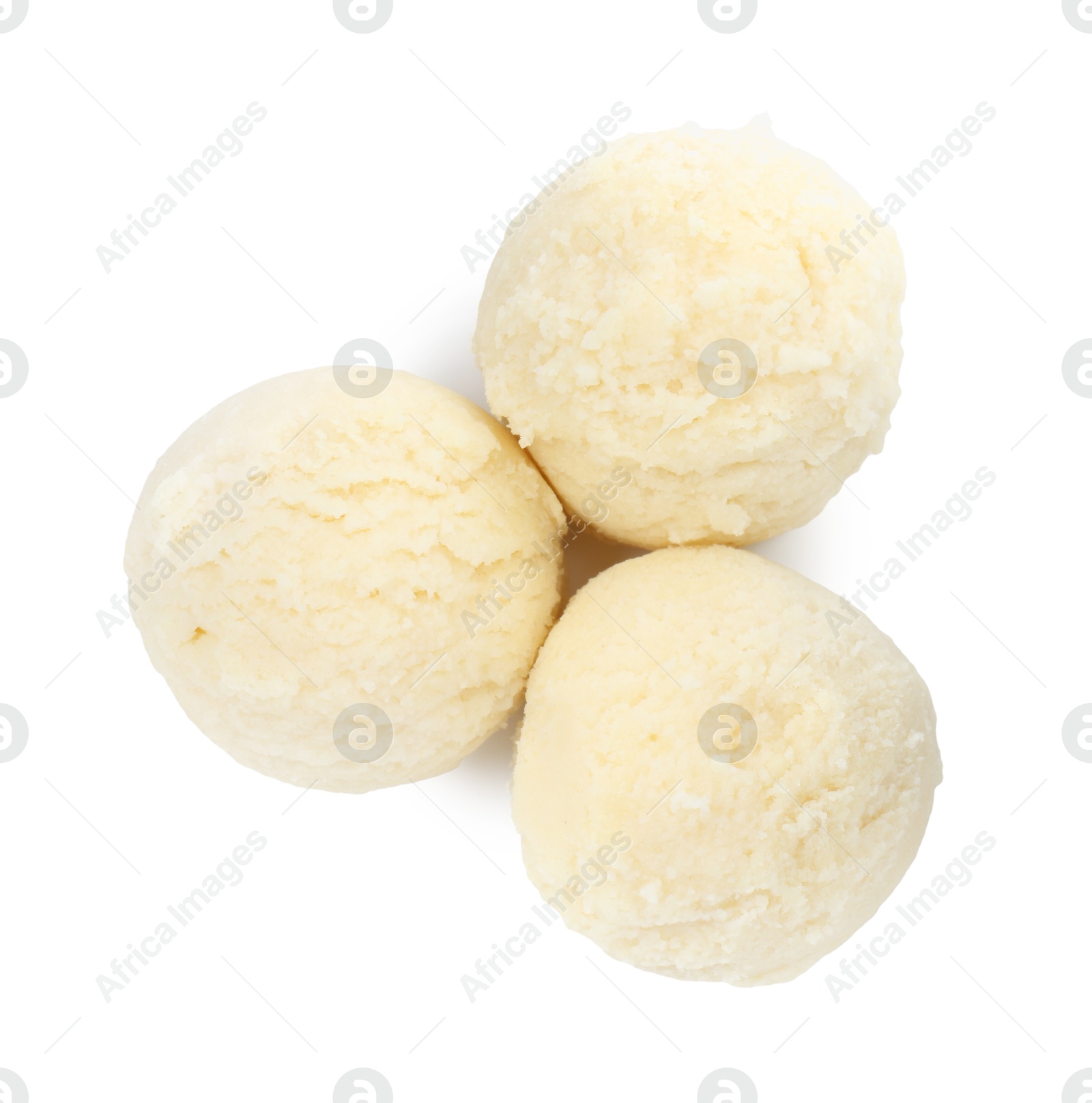 Photo of Scoops of melon sorbet isolated on white, top view