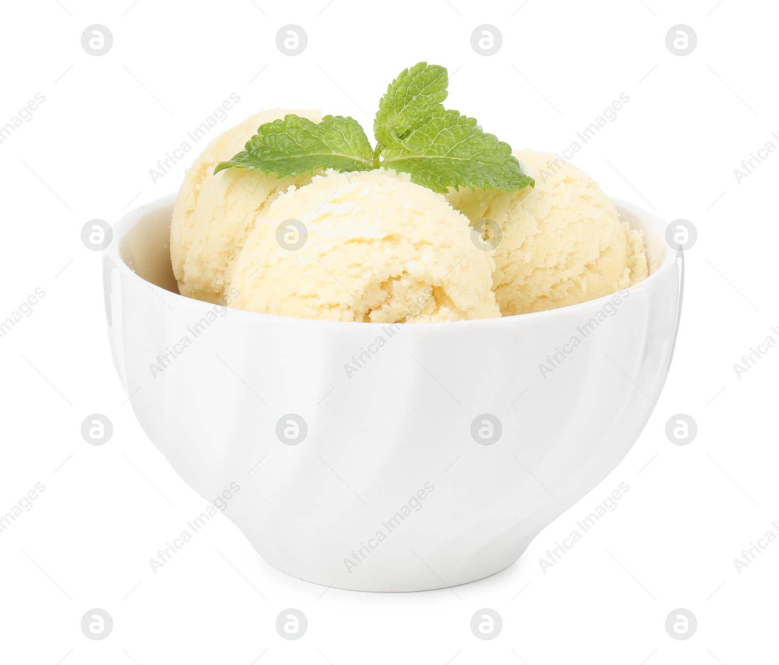 Photo of Scoops of melon sorbet and mint in bowl isolated on white