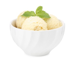 Photo of Scoops of melon sorbet and mint in bowl isolated on white