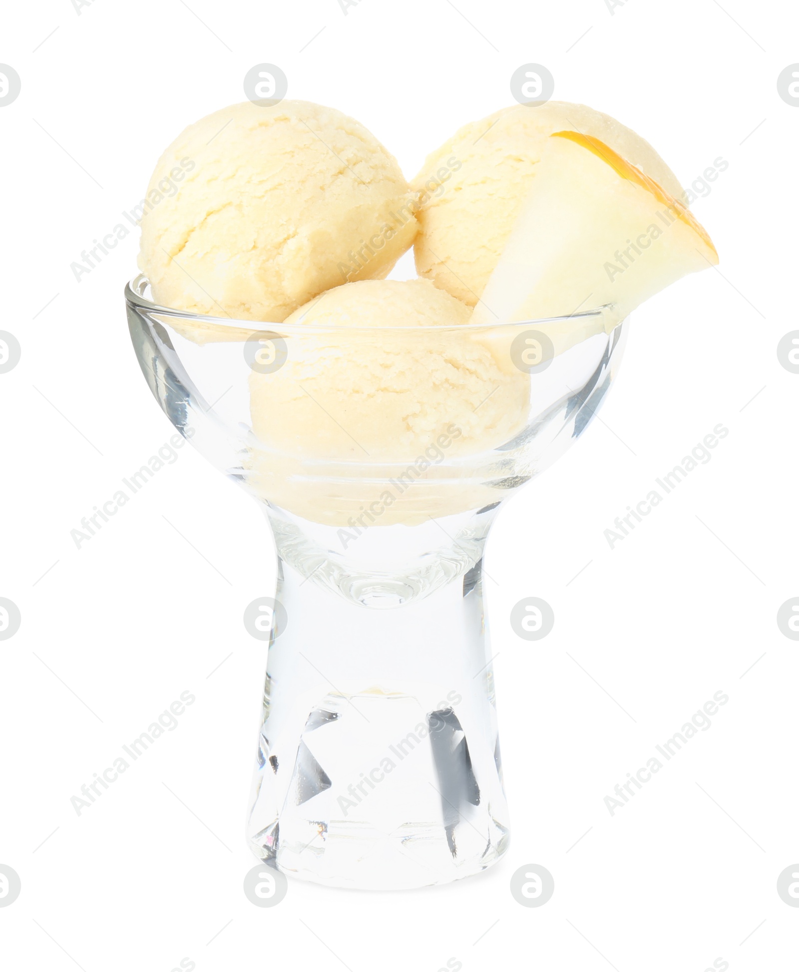 Photo of Scoops of melon sorbet in bowl isolated on white