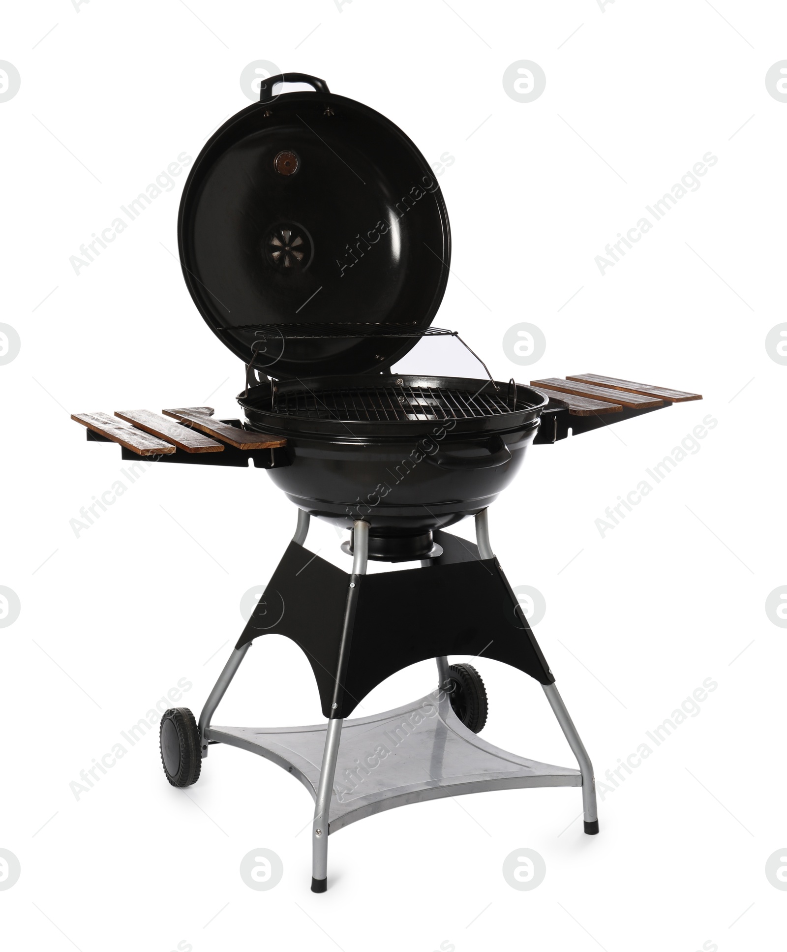 Photo of One black barbeque grill isolated on white. Cooking appliance