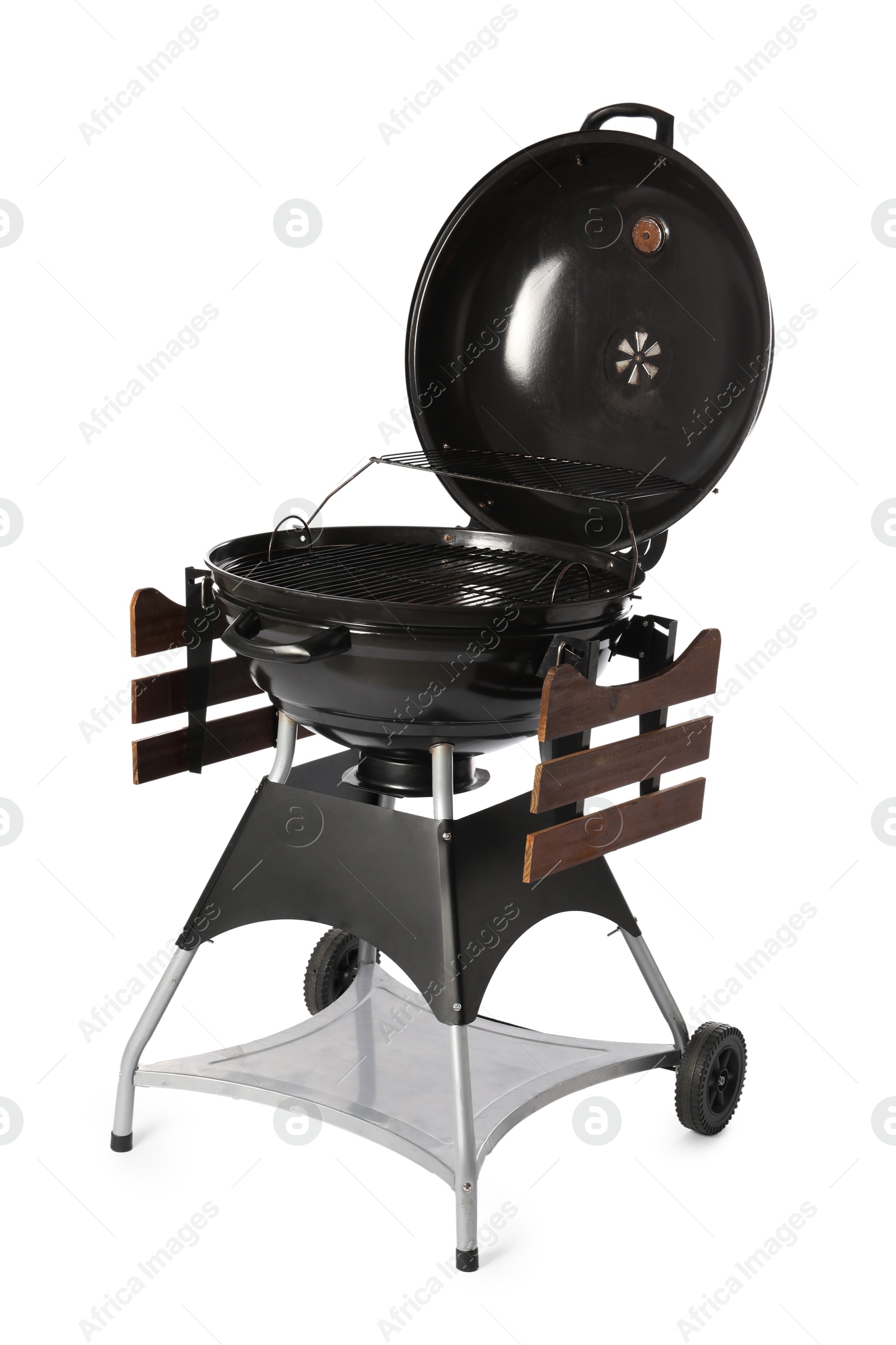 Photo of One black barbeque grill isolated on white. Cooking appliance