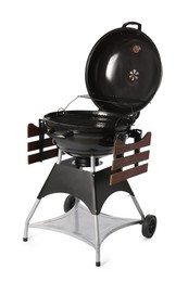 Photo of One black barbeque grill isolated on white. Cooking appliance