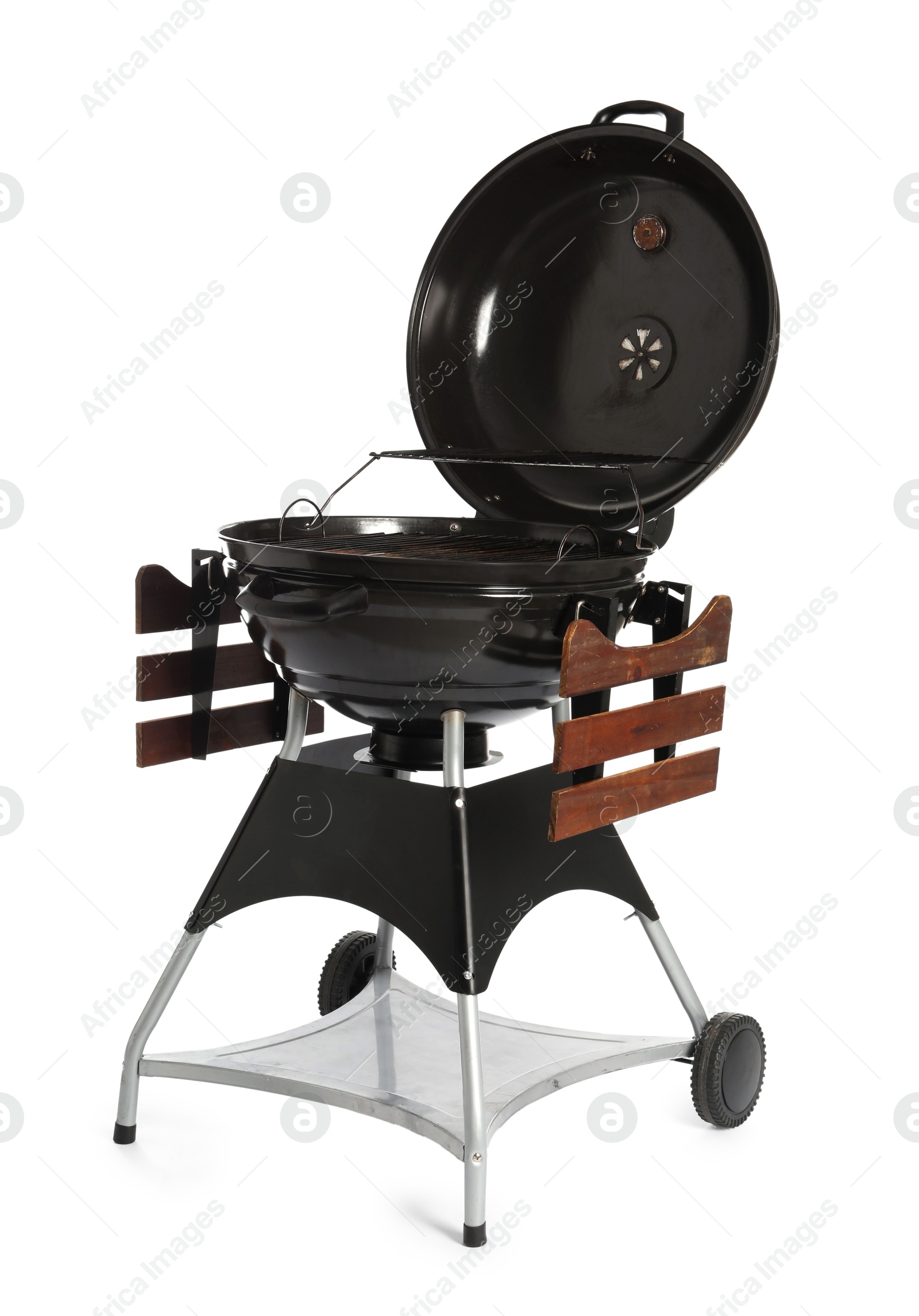 Photo of One black barbeque grill isolated on white. Cooking appliance