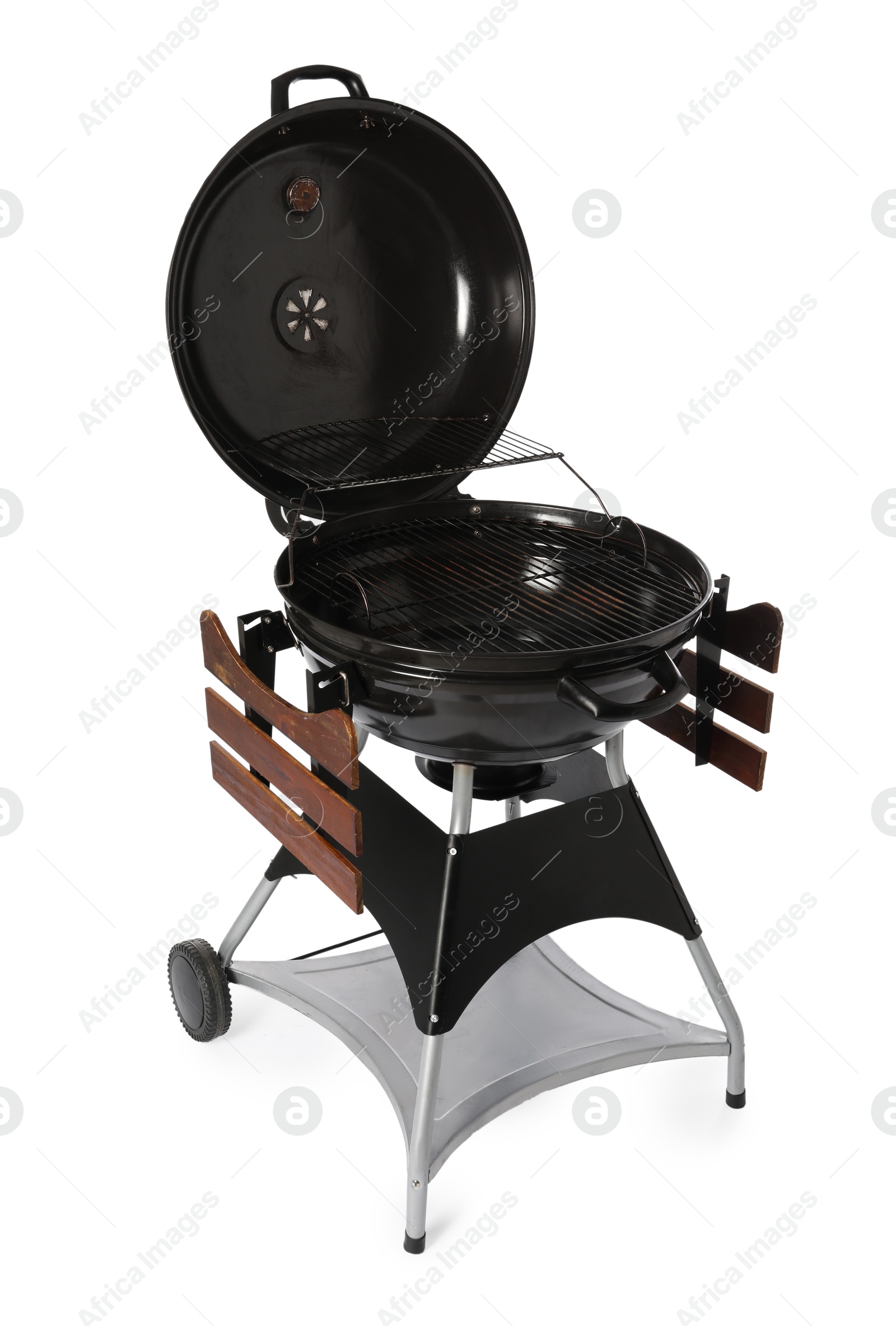 Photo of One black barbeque grill isolated on white. Cooking appliance