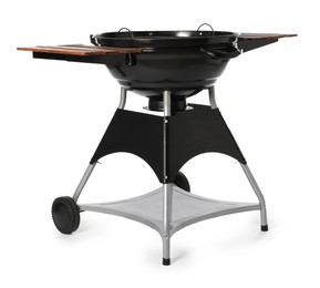 Photo of One black barbeque grill isolated on white. Cooking appliance