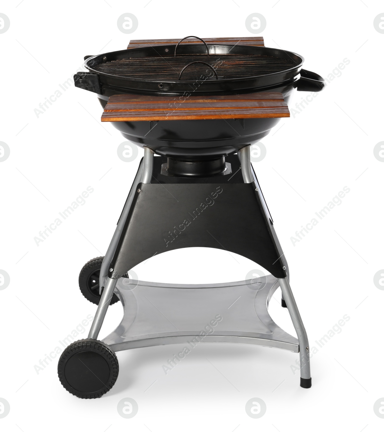 Photo of One black barbeque grill isolated on white. Cooking appliance