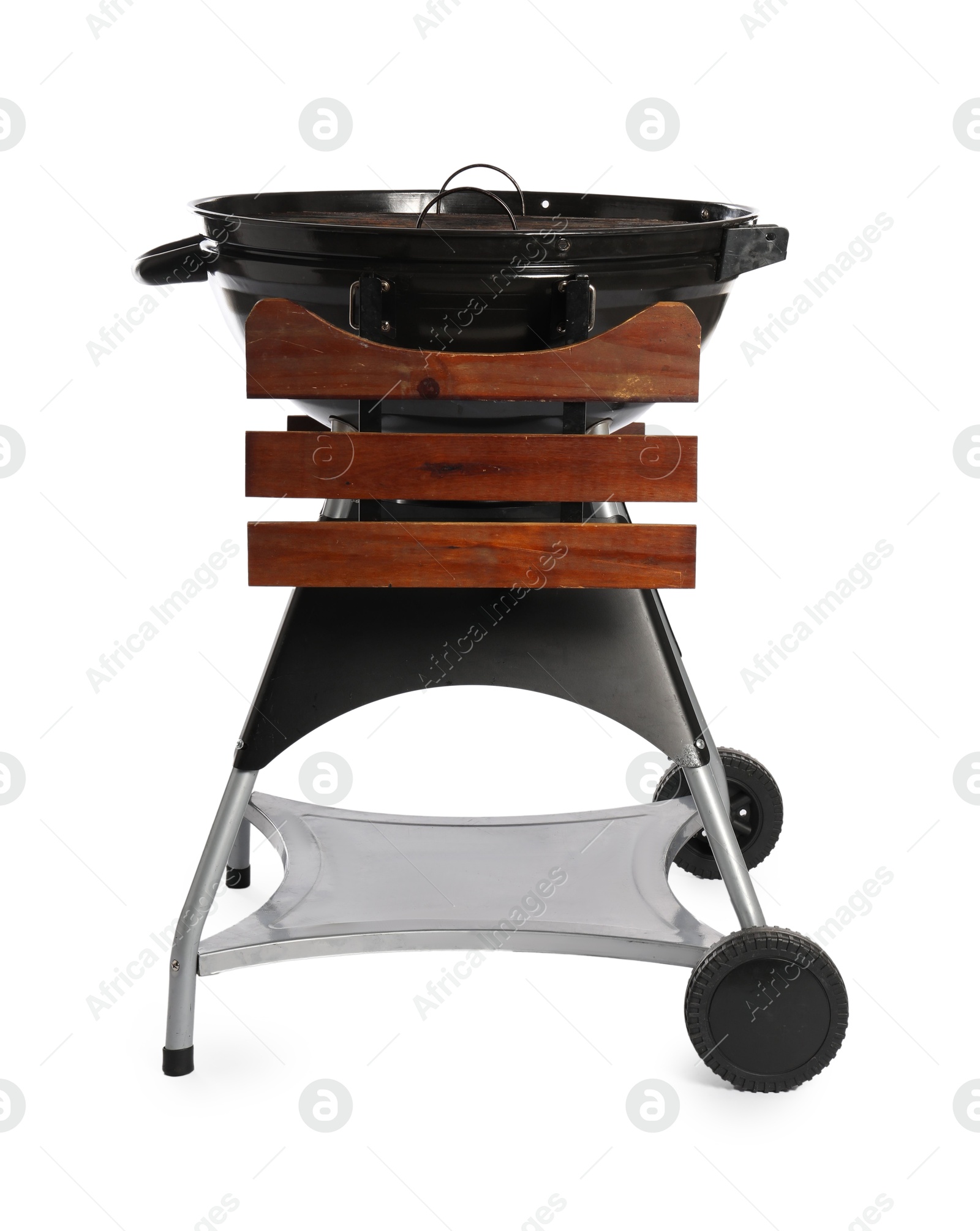 Photo of One black barbeque grill isolated on white. Cooking appliance