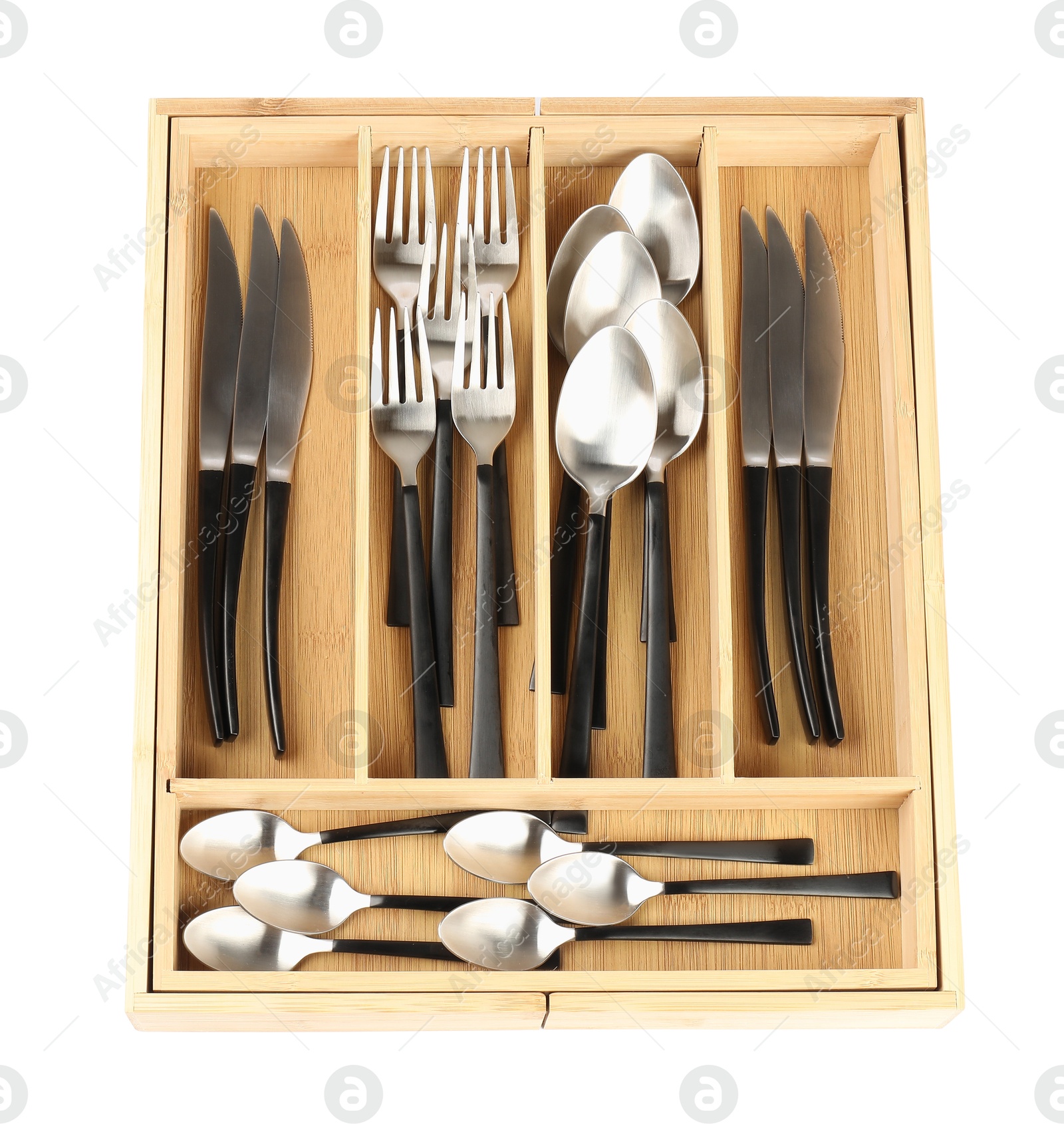 Photo of Wooden box with cutlery isolated on white, top view