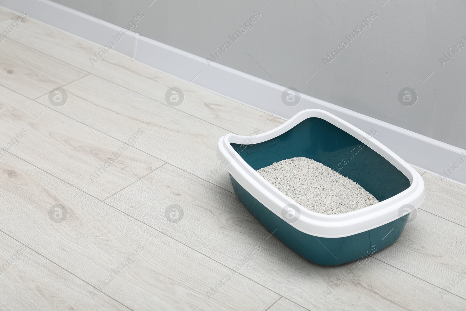 Photo of Cat tray with clumping litter on floor indoors, space for text