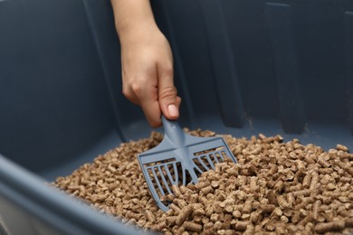 Photo of Woman cleaning cat litter tray with scoop, closeup