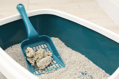 Cat litter tray with filler and scoop on floor indoors, closeup