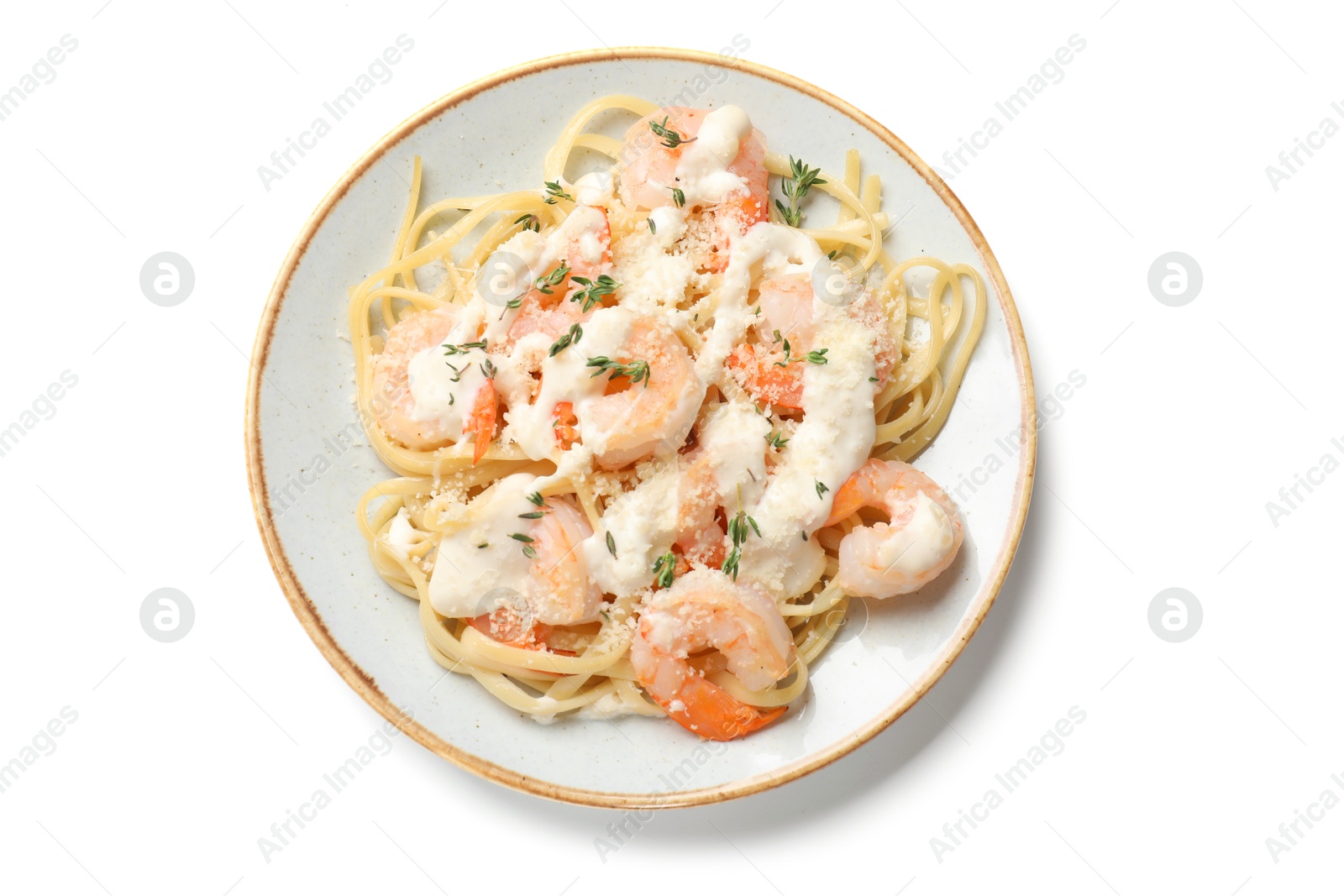 Photo of Tasty pasta with shrimps, creamy sauce and cheese isolated on white, top view