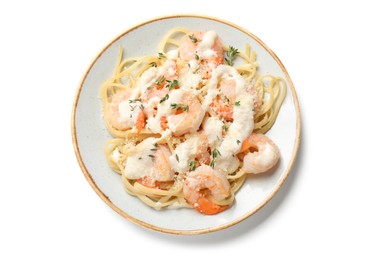 Photo of Tasty pasta with shrimps, creamy sauce and cheese isolated on white, top view