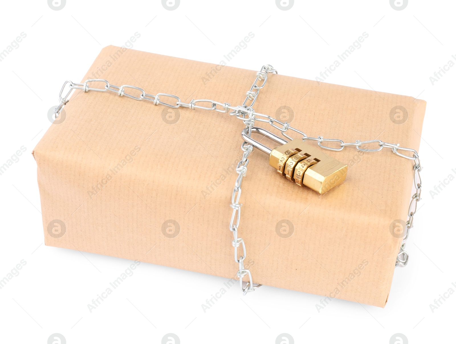 Photo of One parcel with chain and padlock isolated on white