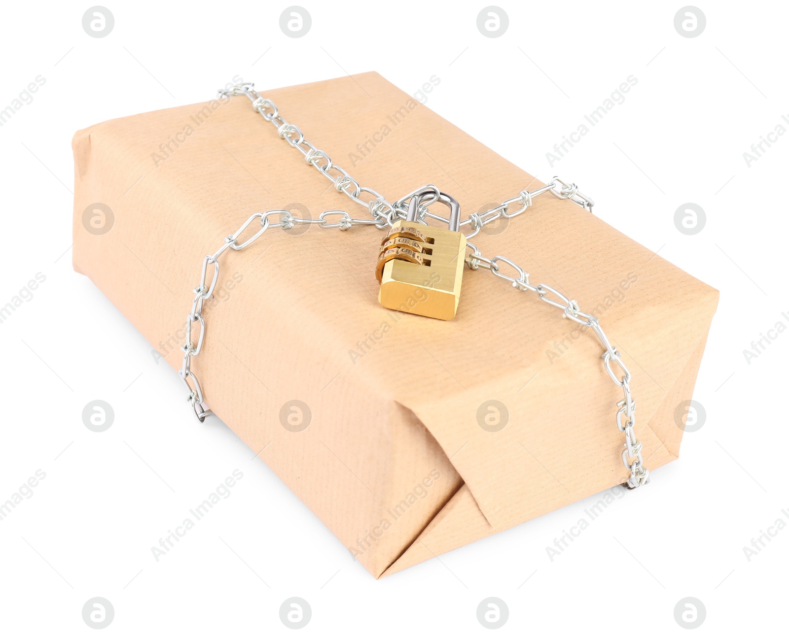 Photo of One parcel with chain and padlock isolated on white