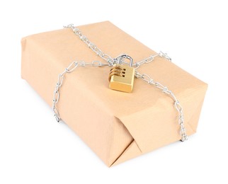 Photo of One parcel with chain and padlock isolated on white