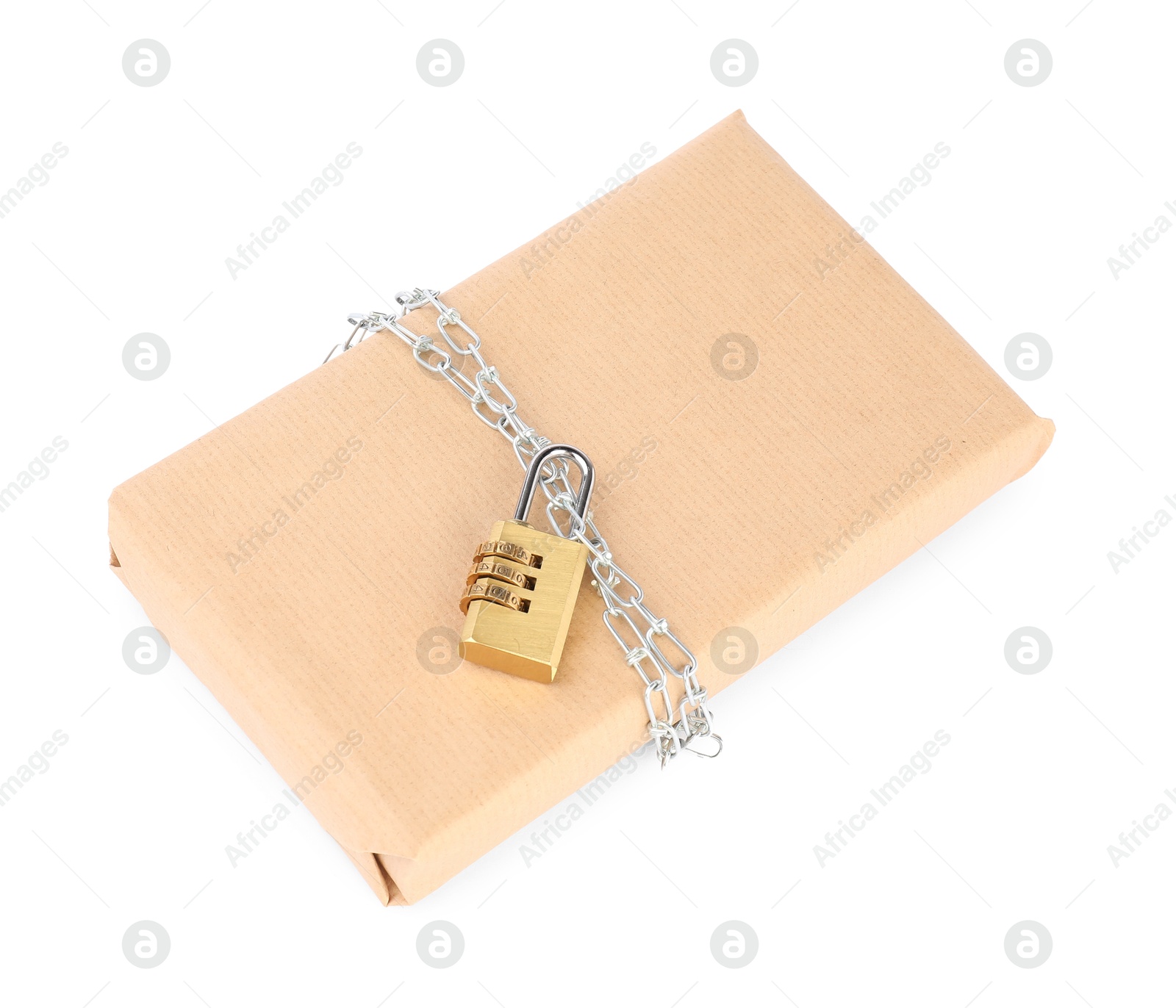 Photo of One parcel with chain and padlock isolated on white, above view