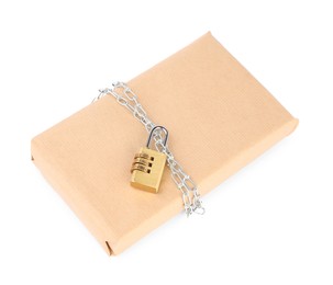 Photo of One parcel with chain and padlock isolated on white, above view