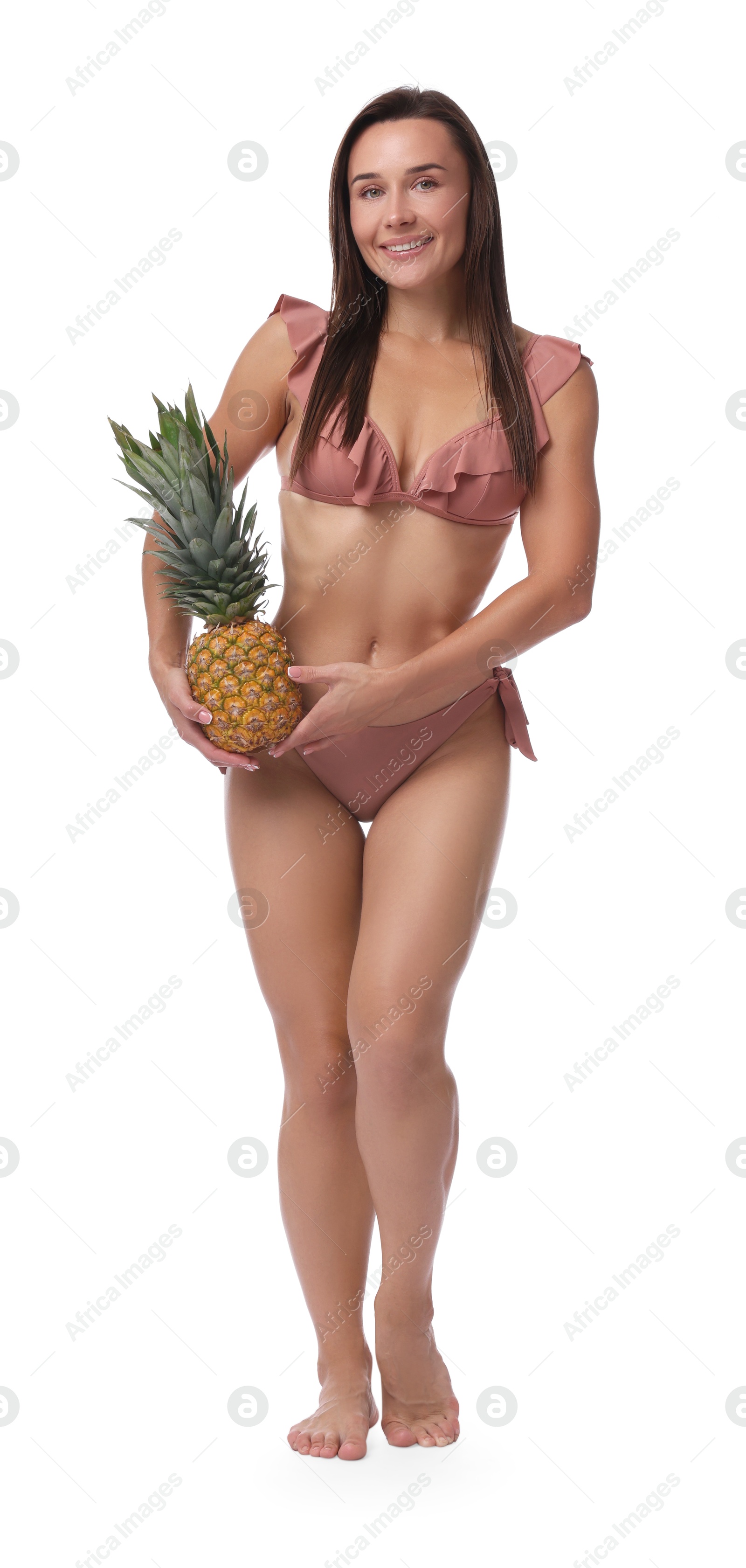 Photo of Woman in bikini with fresh pineapple on white background