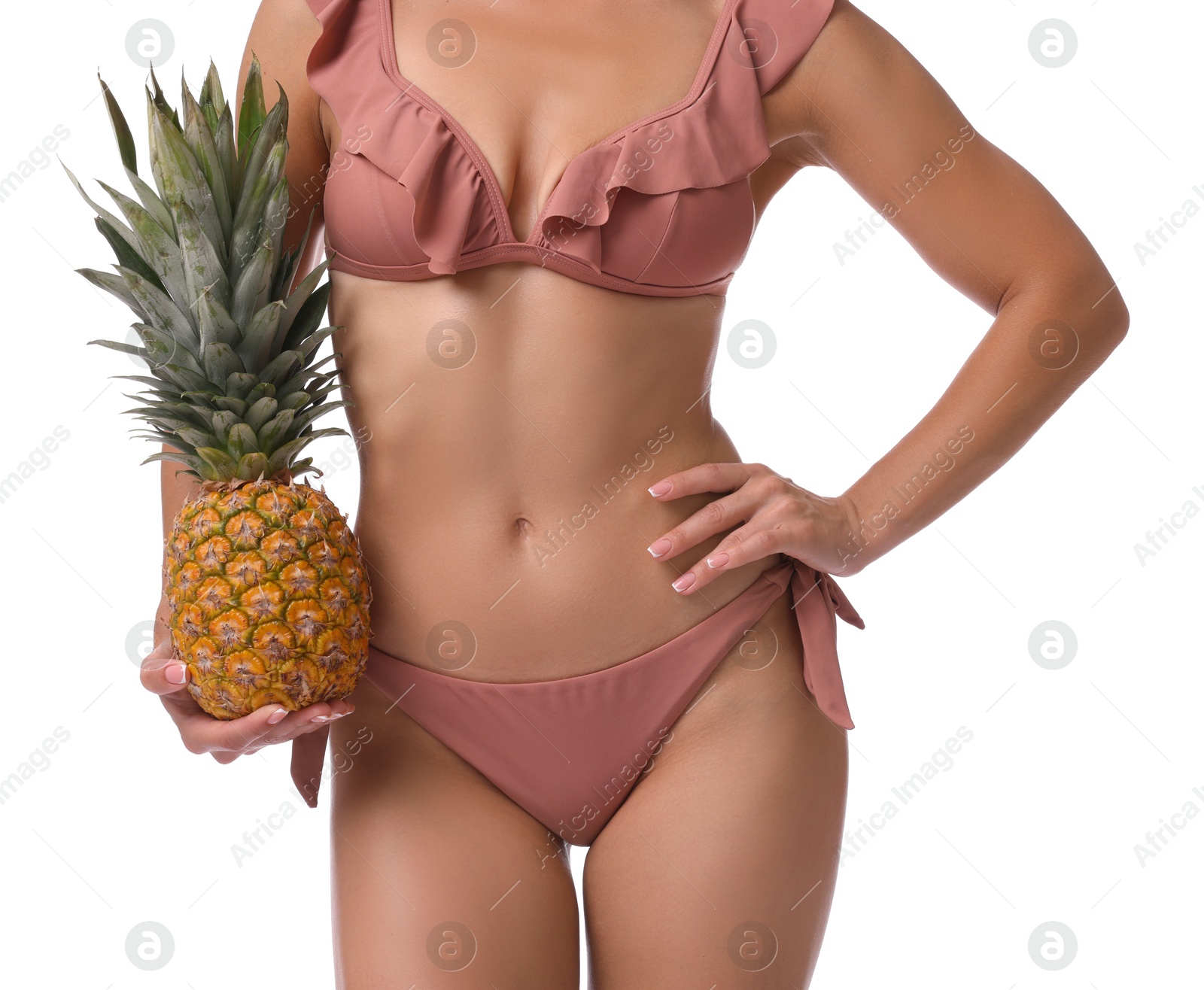 Photo of Woman in bikini with fresh pineapple on white background, closeup