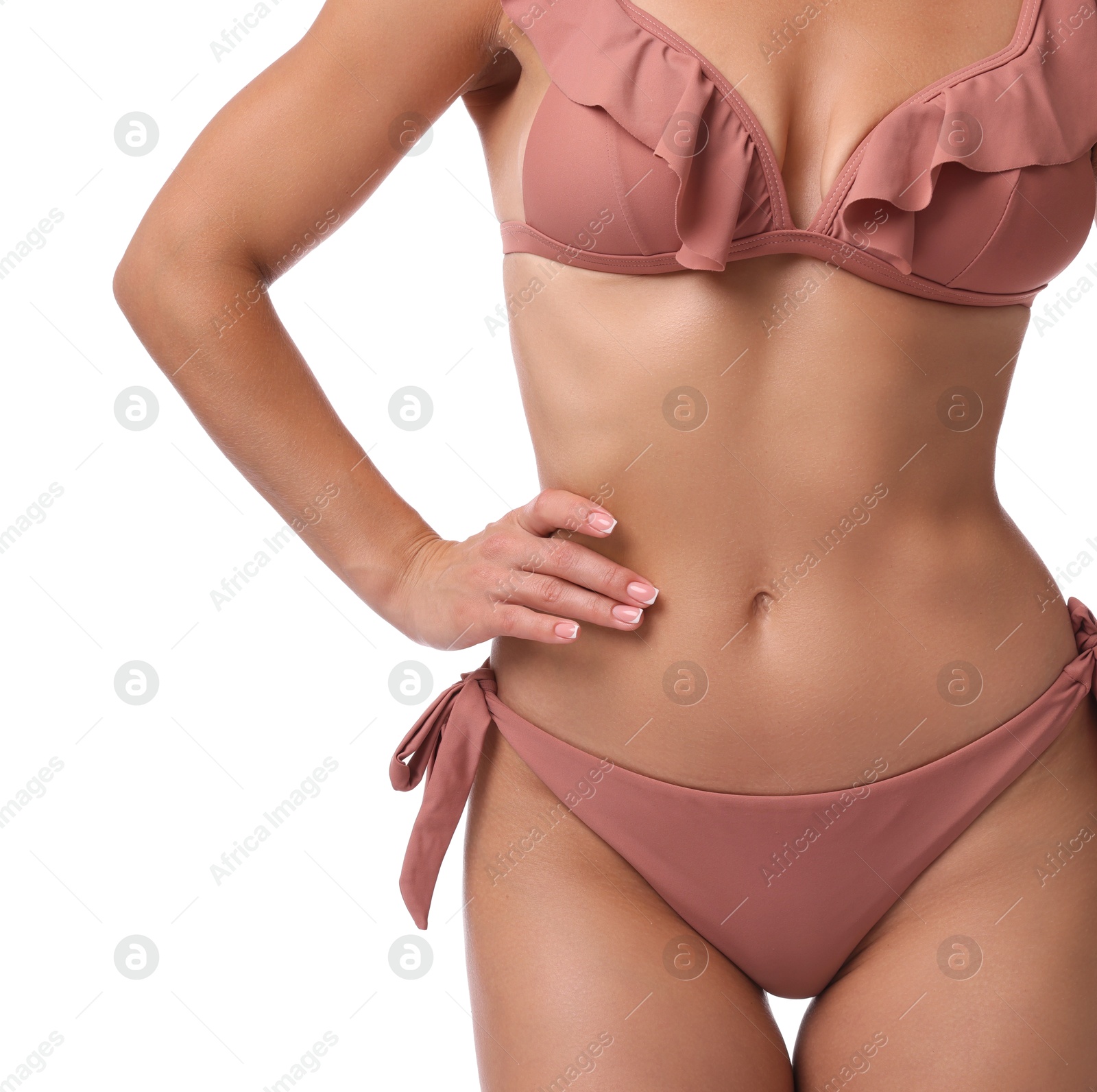 Photo of Woman in stylish bikini on white background, closeup