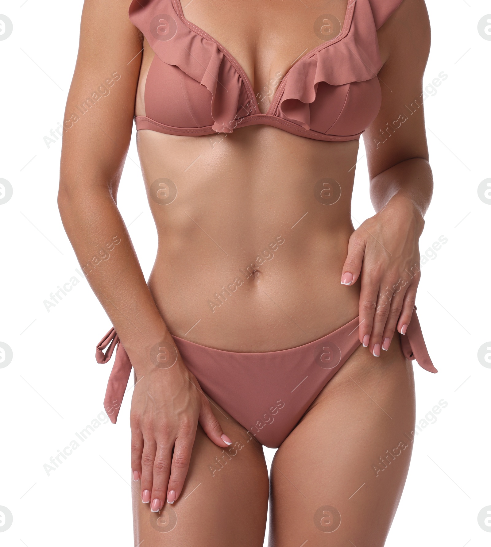 Photo of Woman in stylish bikini on white background, closeup