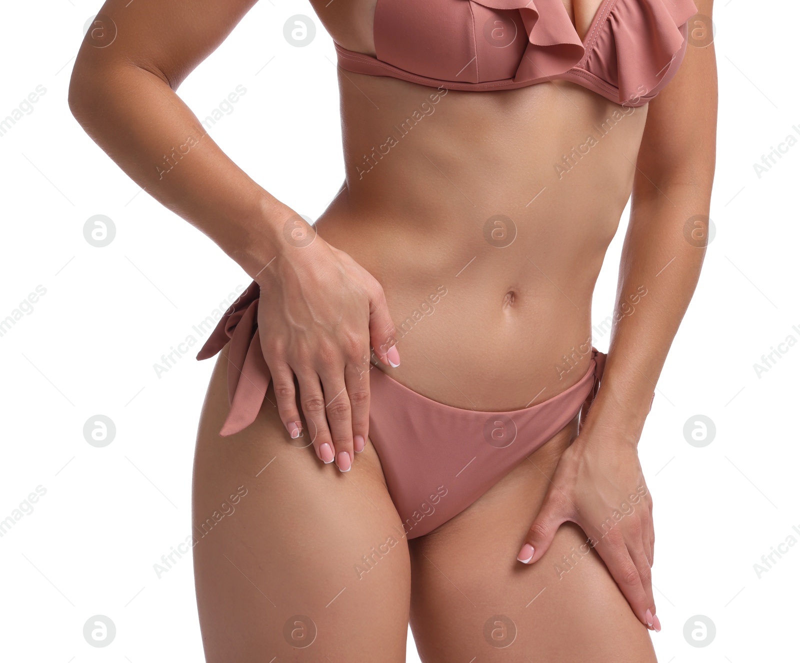 Photo of Woman in stylish bikini on white background, closeup