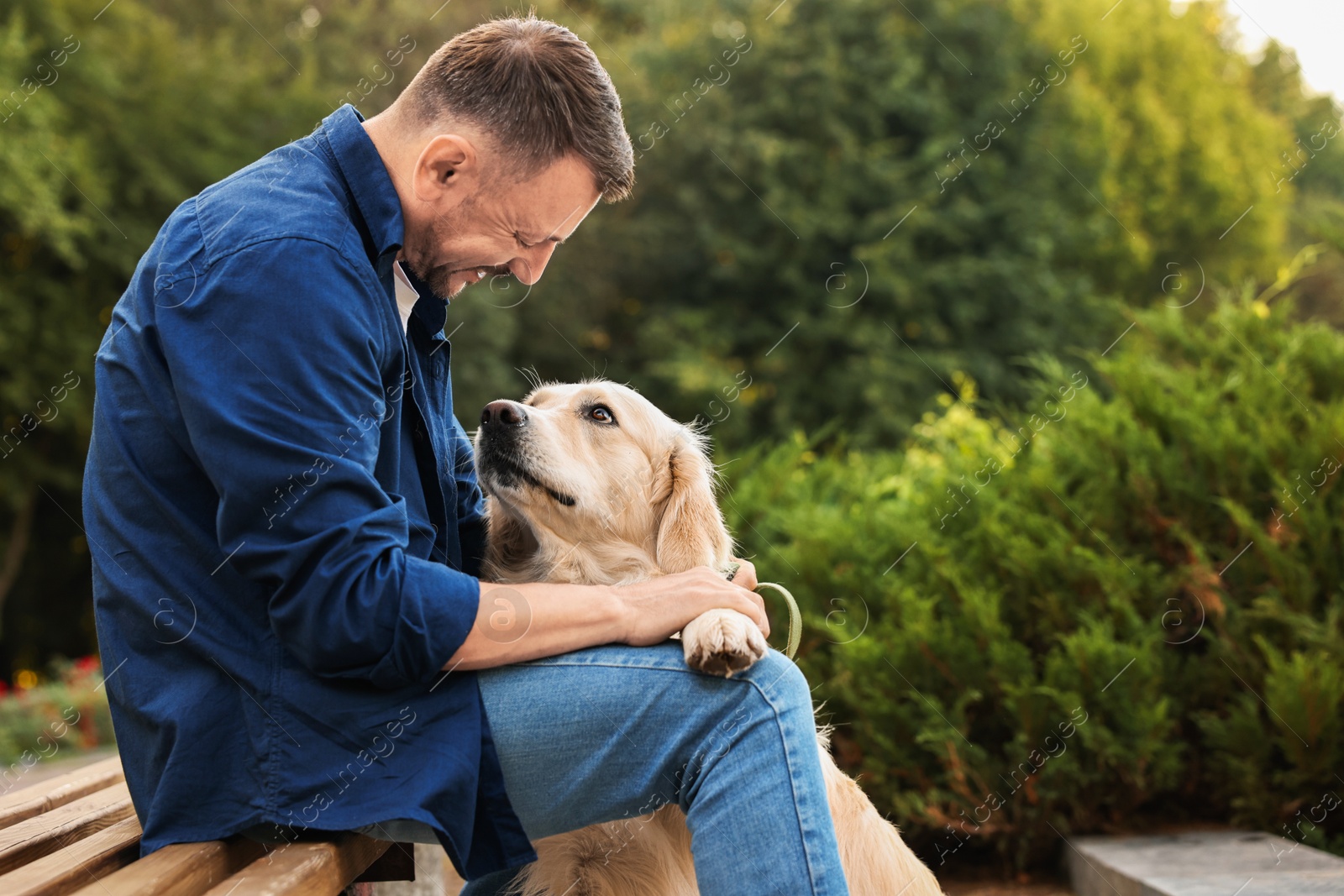 Photo of Smiling man with cute Golden Retriever dog on spring day, space for text