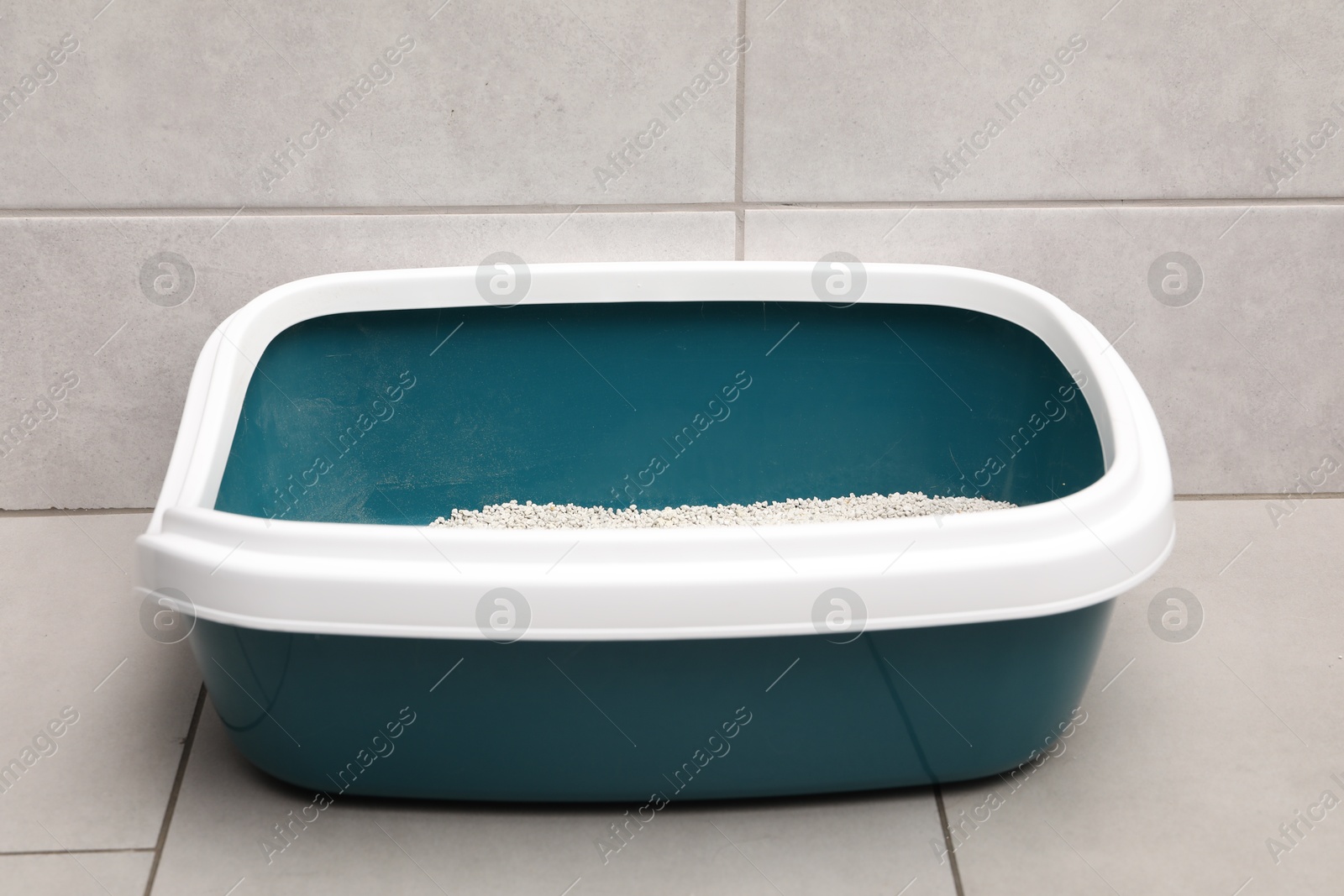 Photo of Cat litter tray with filler on floor indoors