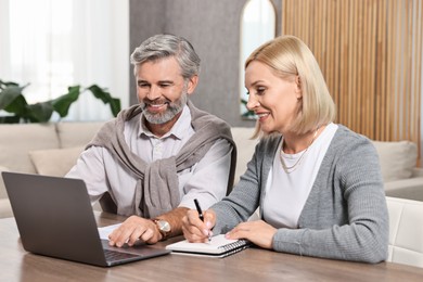 Couple planning pension budget at table indoors