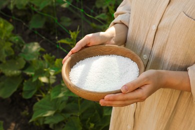 Photo of Woman holding plant fertilizer in bowl outdoors, closeup