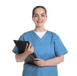 Smiling nurse with clipboard on white background