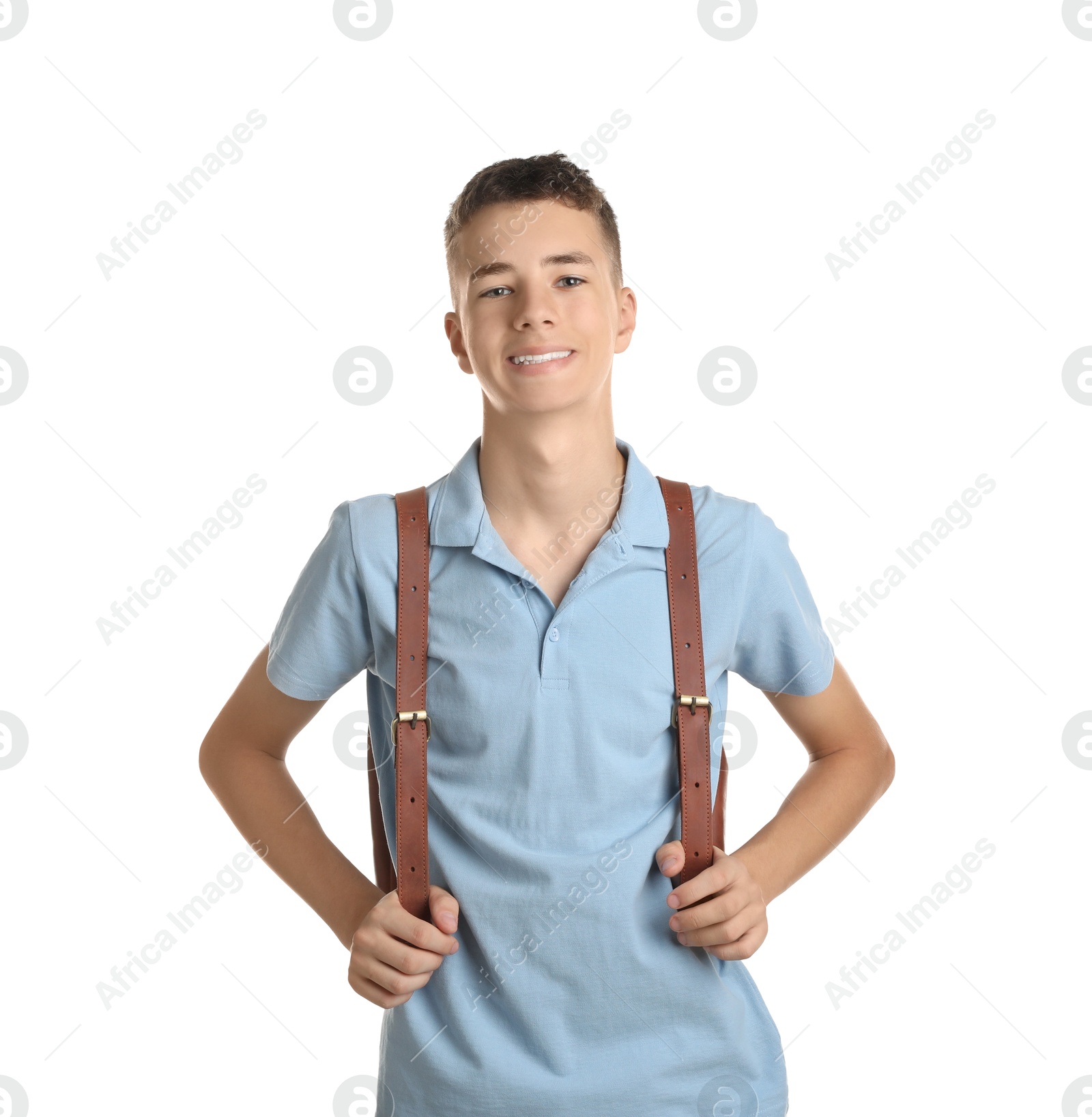 Photo of Portrait of teenage boy with backpack on white background