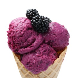 Photo of Wafer cone with delicious blackberry sorbet isolated on white